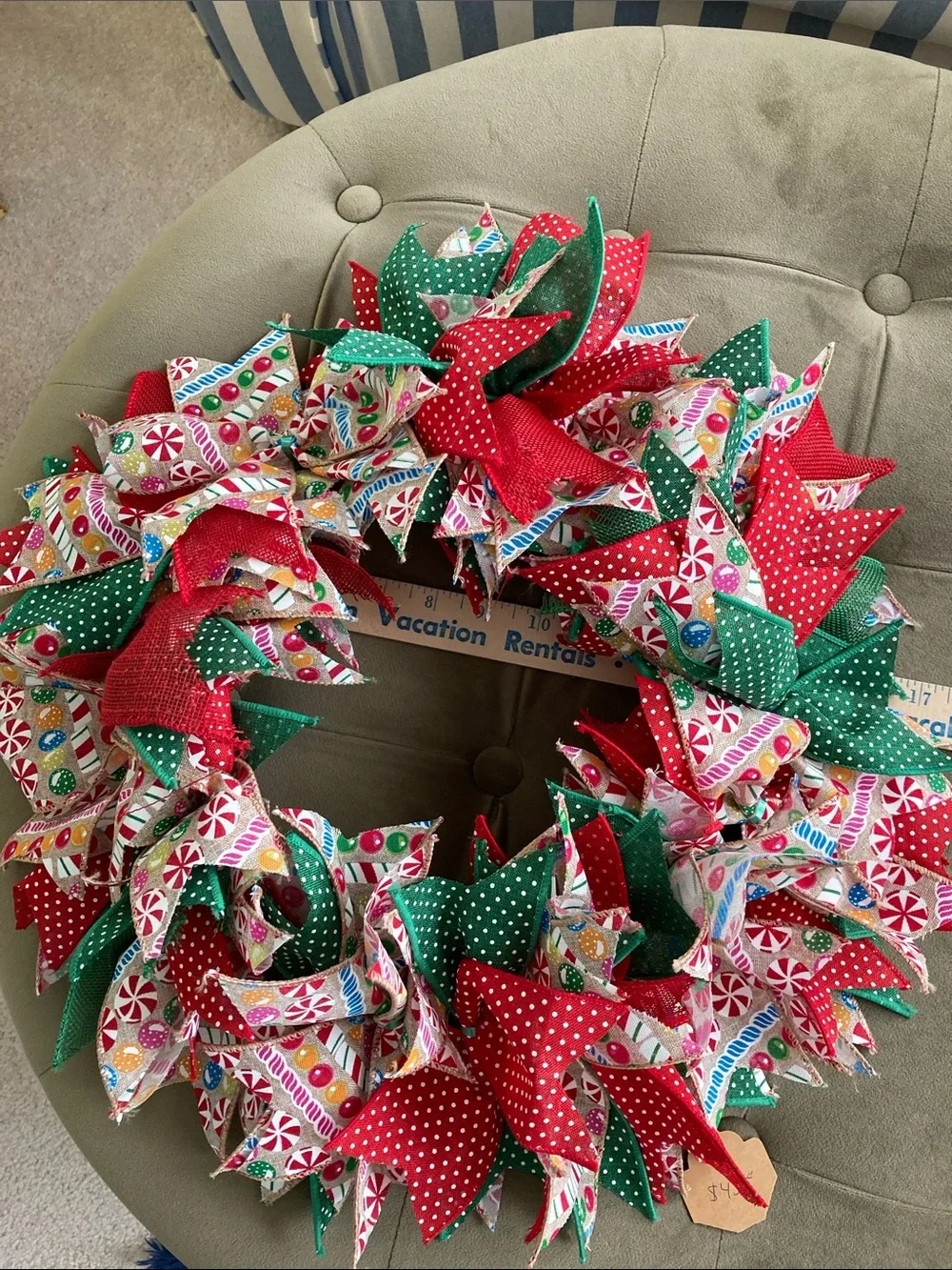 HANDMADE CHRISTMAS RAG RIBBON WREATH COTTAGECORE POLKA DOT ROUND 17 INCHES NWT